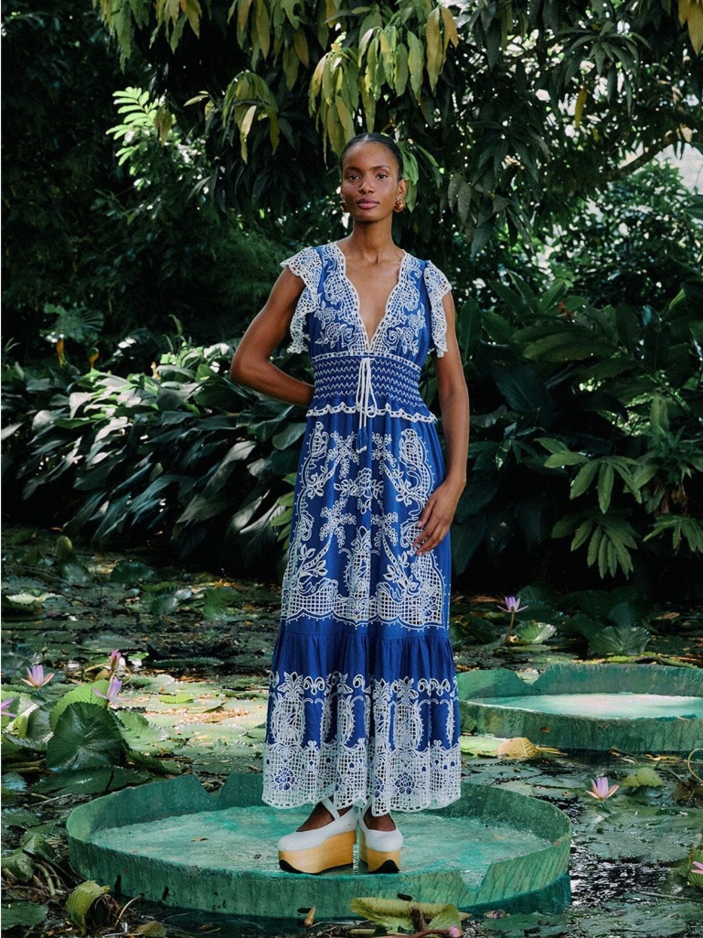 🆕NWOT FARM Rio Blue Lace-Trim Maxi Dress